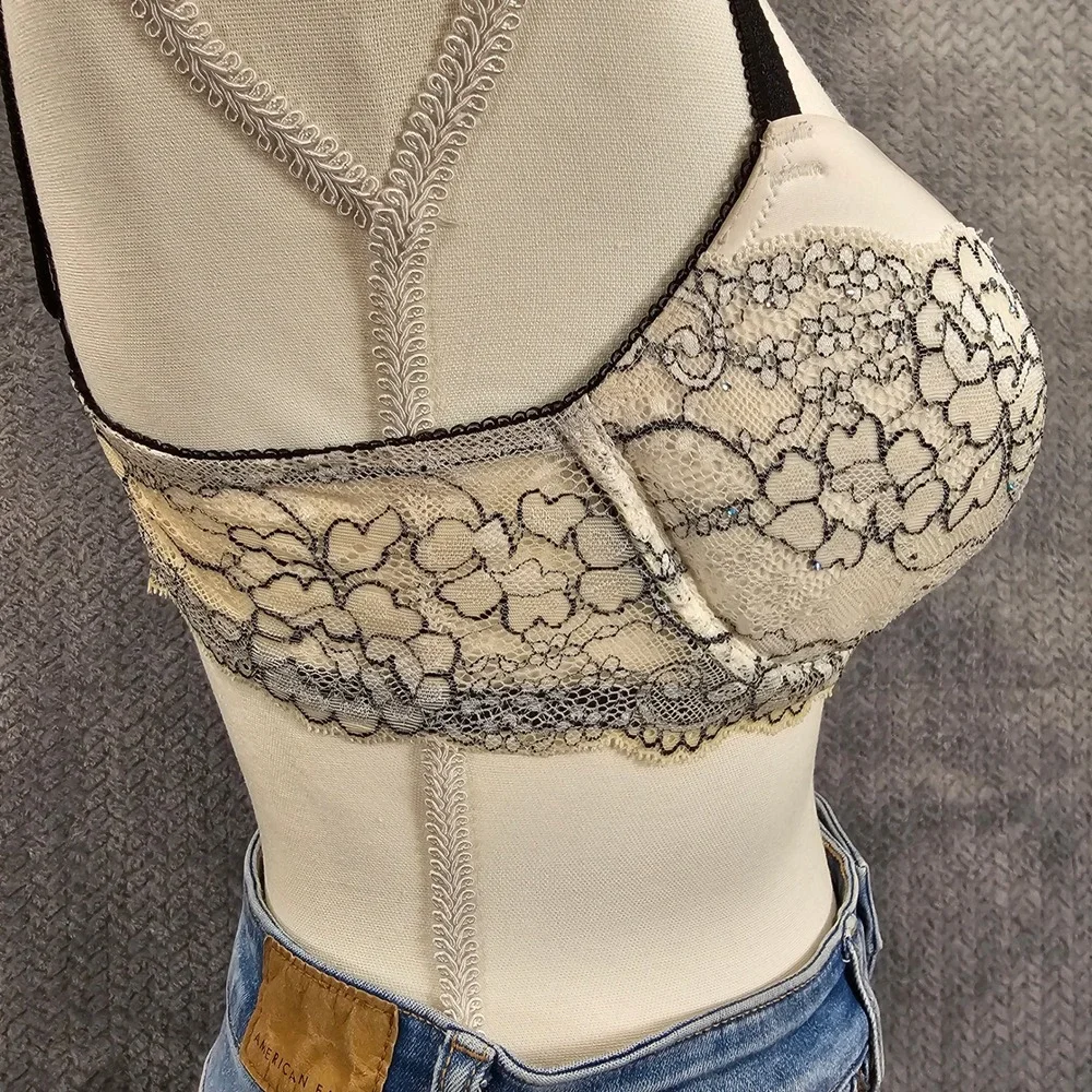 Victorias‎ Secret Dream Angels Lined Demi Bra 36C Cream Black Lace Rhinestone